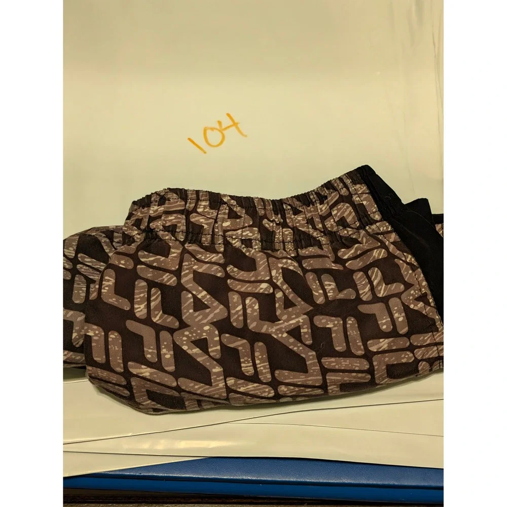 Fila Boys Monogram Logo Swim Trunks Black Brown Lime Green Size M 10/12